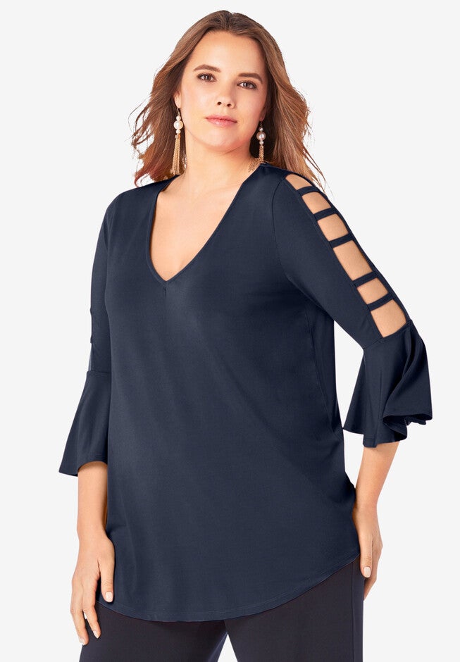 Ultrasmooth® Fabric Lattice-Sleeve Top, NAVY, hi-res image number 0