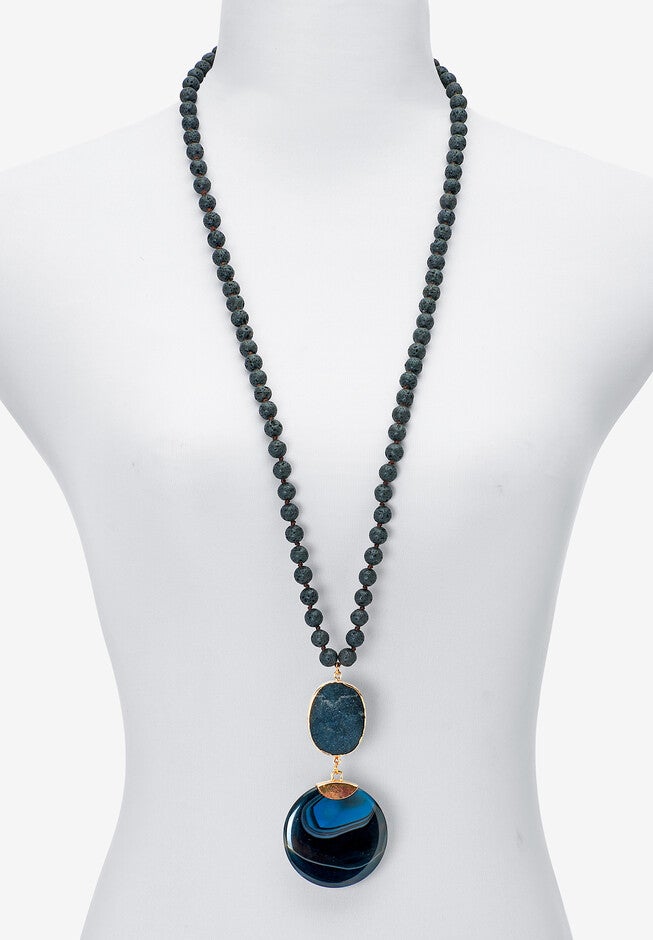 Genuine Black Agate And Lava Stone Beaded Goldtone Drop Necklace, 34-Inch Length, , alternate image number 3