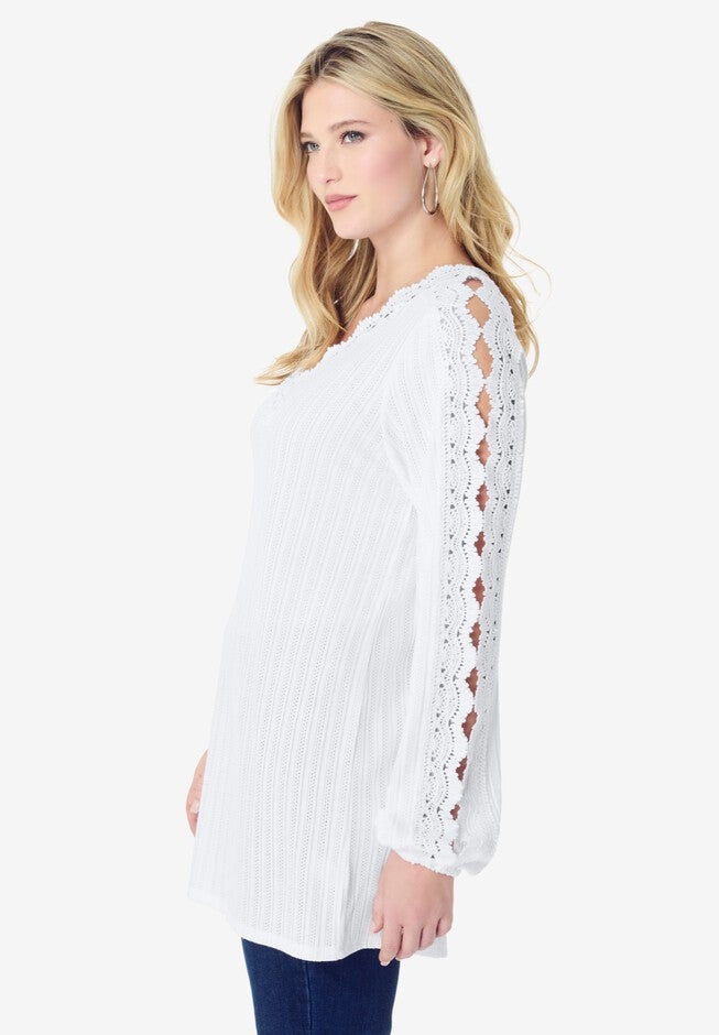 Lace Trim and Appliquéd Tee, WHITE, alternate image number null