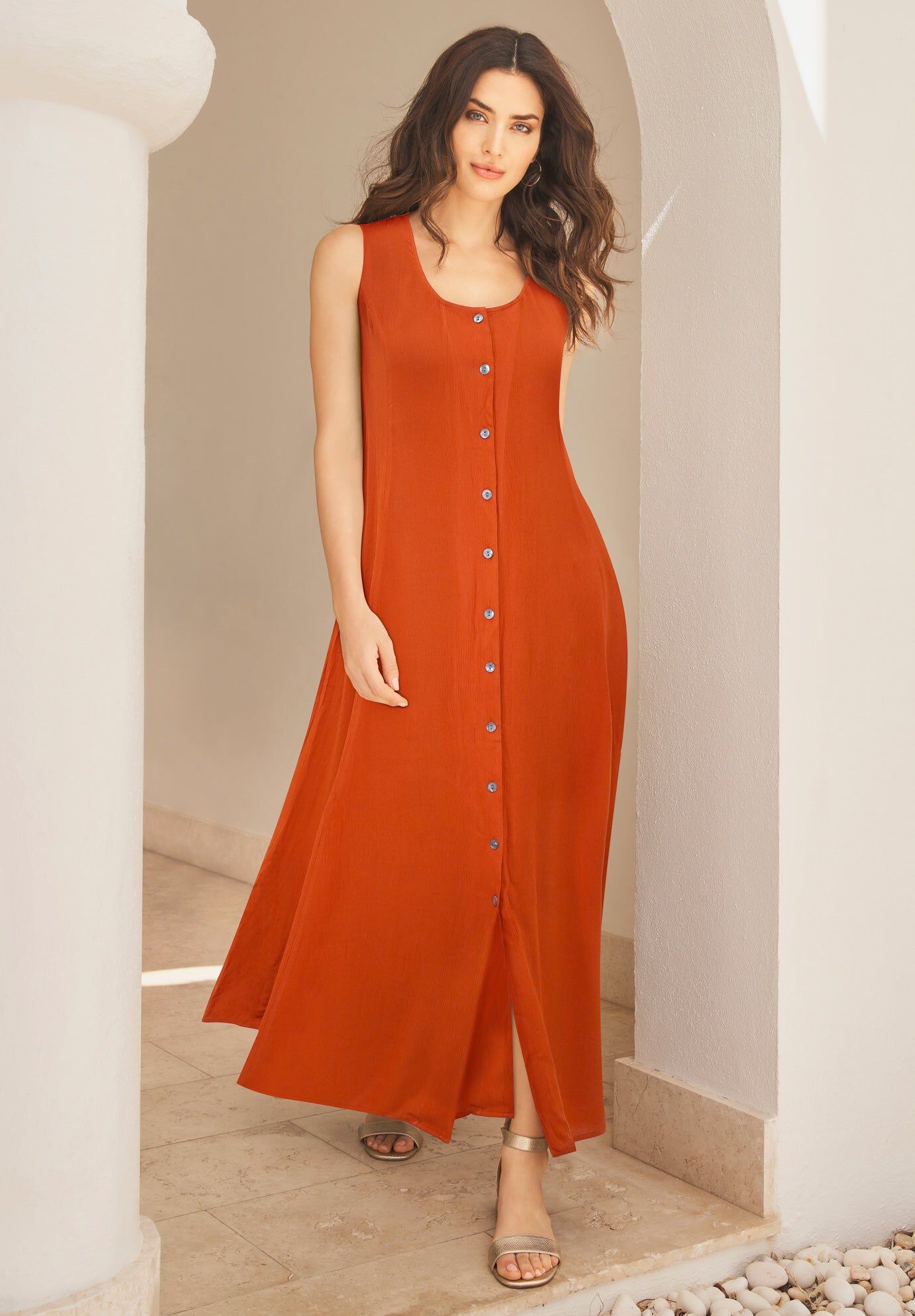 Plus Size Sleveless Hand-Crinkled Button-Front A-Line Maxi &ndash; Curvy Breezy Dress, COPPER RED, hi-res image number 0