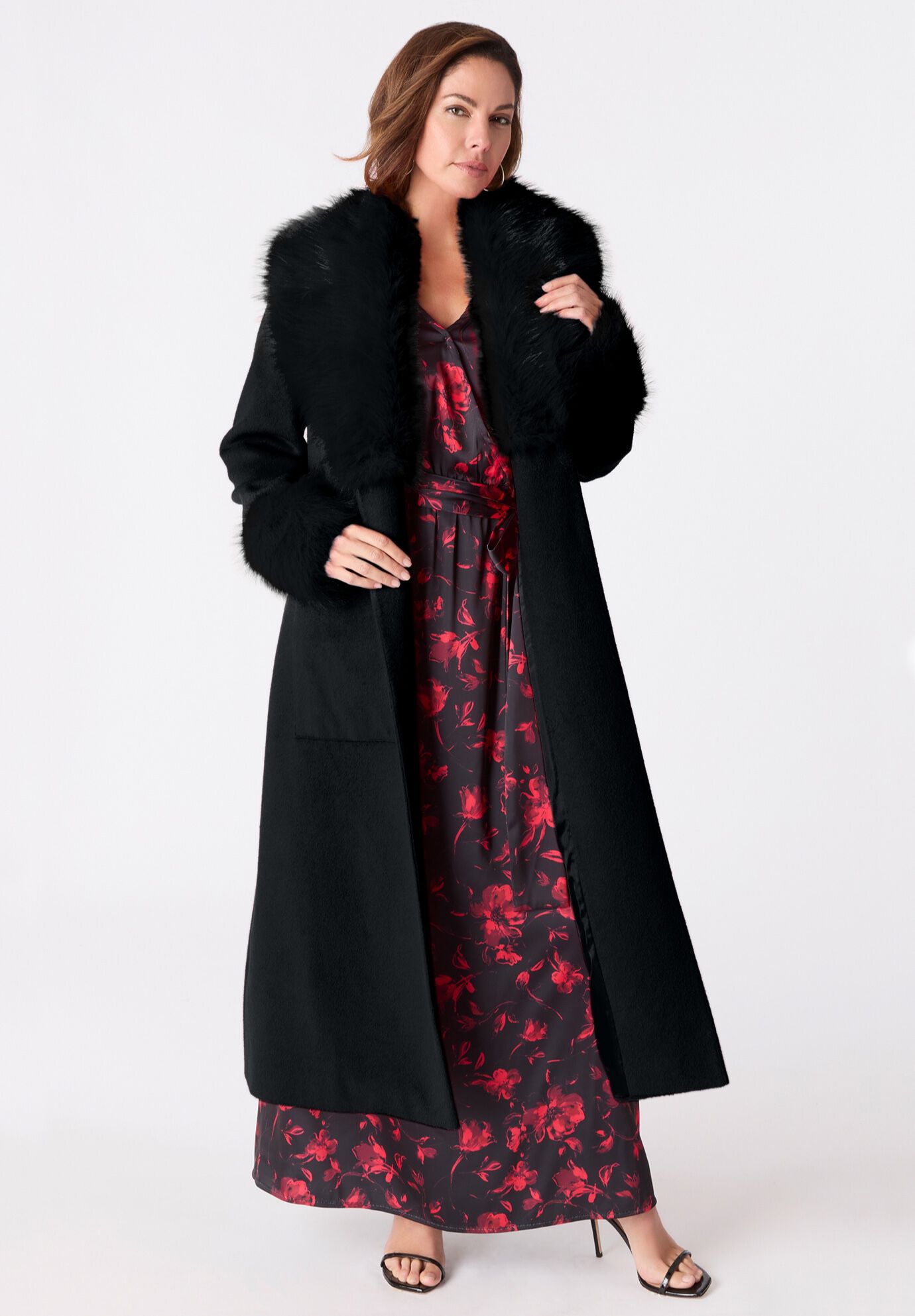 Plus Size Wool Blend Coat with Faux Fur Trim, BLACK, alternate image number 3