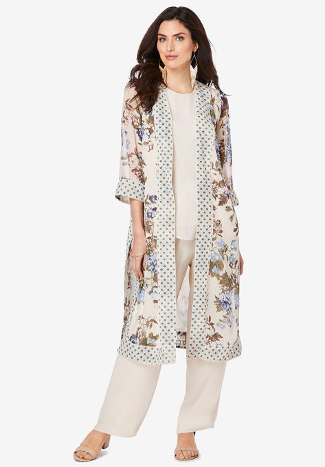 Three-Piece Duster & Pant Suit, OATMEAL PAINTED FLORAL, hi-res image number null