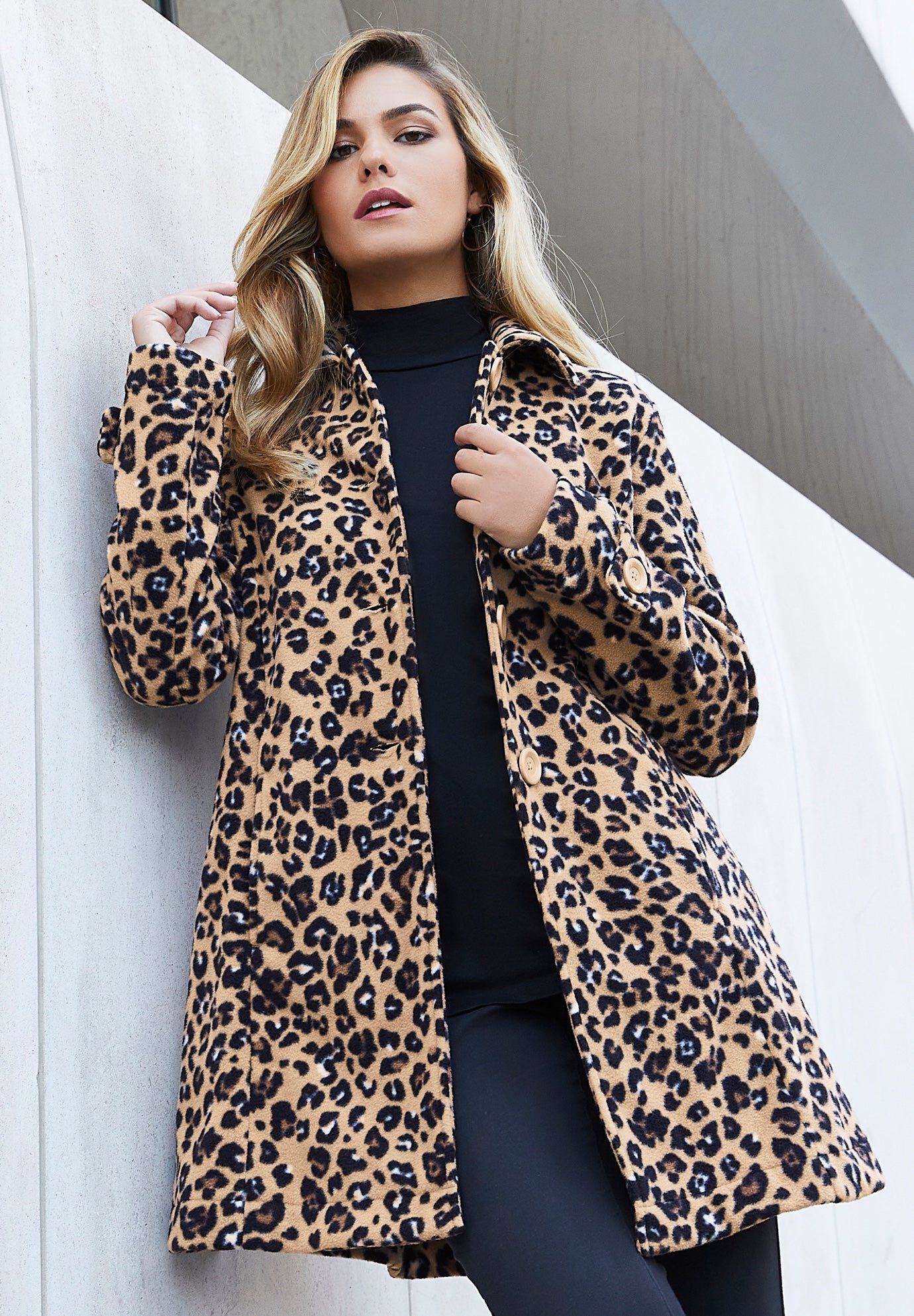 Plus Size Button Up Fleece Jacket, KHAKI GRAPHIC SPOTS, hi-res image number 0