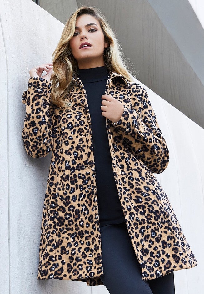 Plus Size Button Up Fleece Jacket, KHAKI GRAPHIC SPOTS, hi-res image number 0