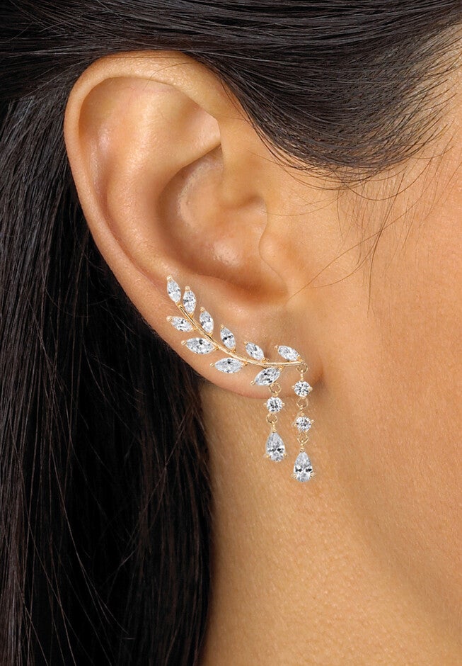 Goldtone Marquise Cut Ear Climber Drop Earrings Cubic Zirconia (3 cttw TDW), , alternate image number null