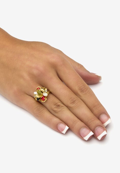 18K Gold-plated Oval Jade, Coral, Onyx, Tiger's Eye and Opal Ring, , alternate image number null
