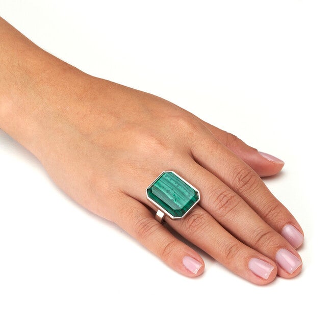 Malachite Emerald Shape Platinum-Plated Cocktail Ring 1-inch, GREEN, alternate image number 2