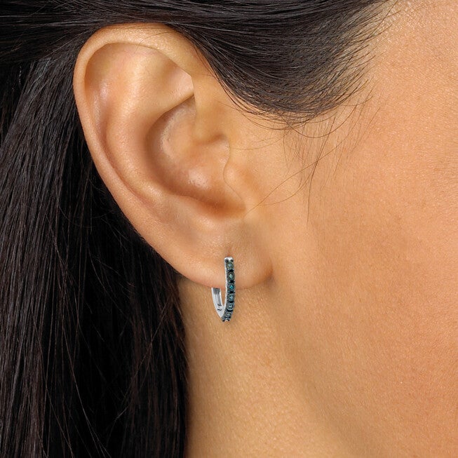 .05 TCW Blue Diamond Sterling Silver Hoop Earrings (1/2 inch), BLUE, alternate image number null