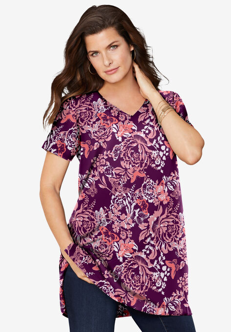 Short-Sleeve V-Neck Ultimate Tunic, DARK BERRY BUTTERFLY BLOOM, hi-res image number null