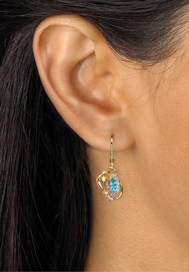 Yellow Gold-Plated Drop Earrings, Aurora Borealis And White Crystal Jewelry, , alternate image number 2