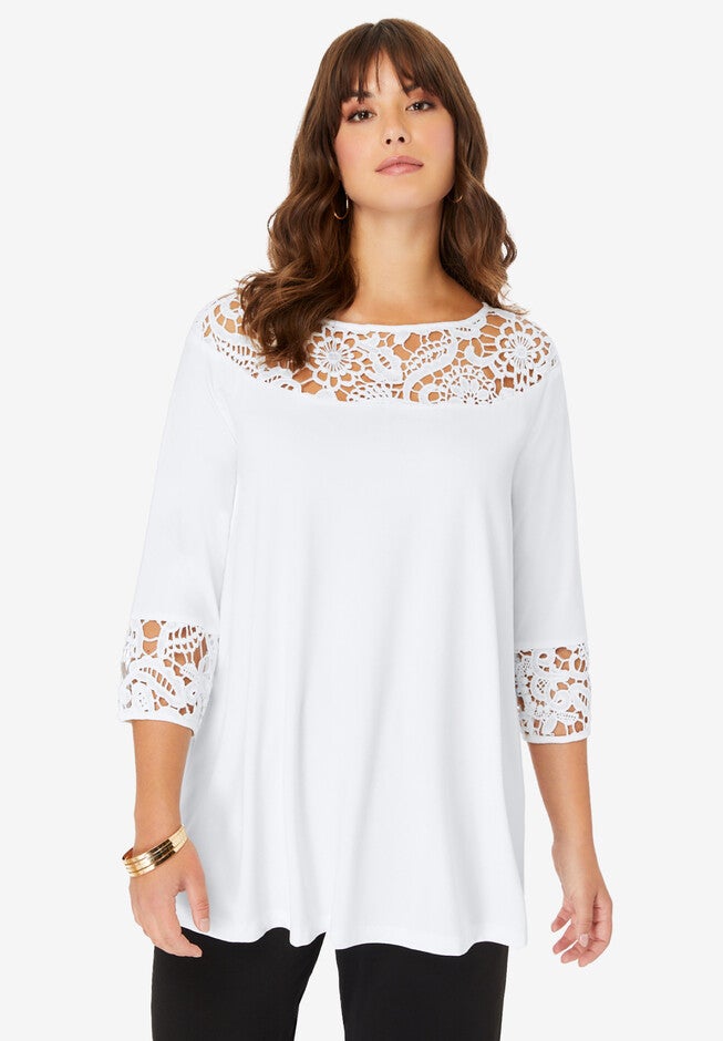 Lace-Trim Ultrasmooth® Fabric Tee, WHITE, hi-res image number 0