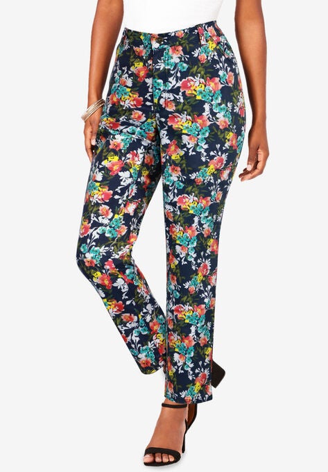 Straight-Leg Jean with Invisible Stretch by Denim 24/7, MULTI DENIM FLORAL, hi-res image number null