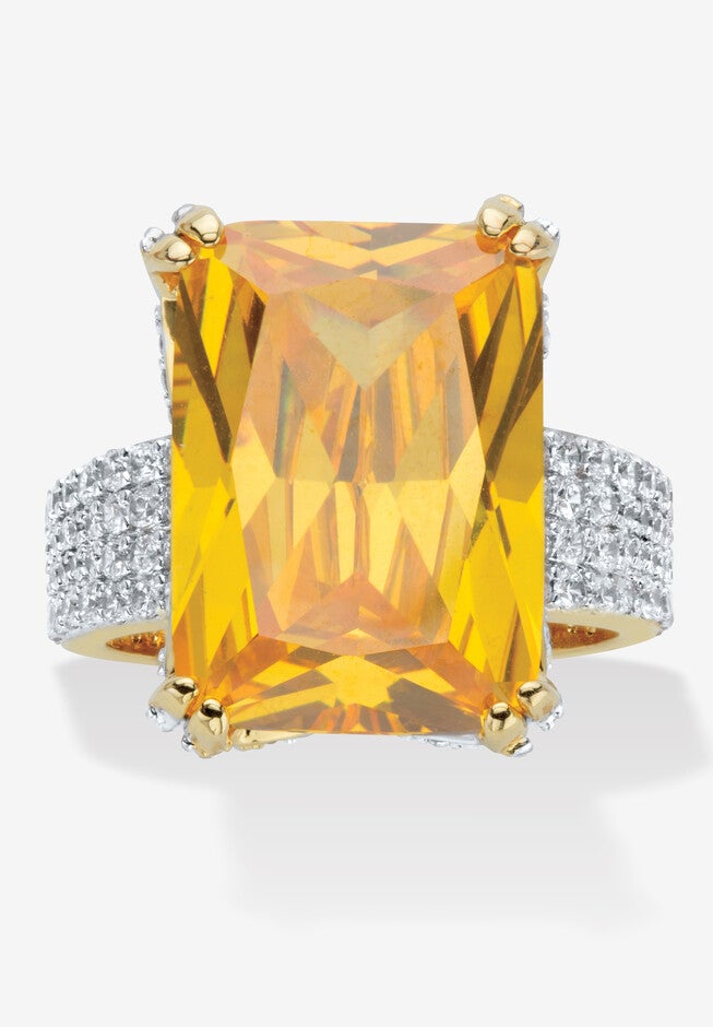 Yellow Gold Plated 21 3/8Ct Tdw Emerald Cut Yellow Cz Ring Jewelry, CUBIC ZIRCONIA, hi-res image number 0