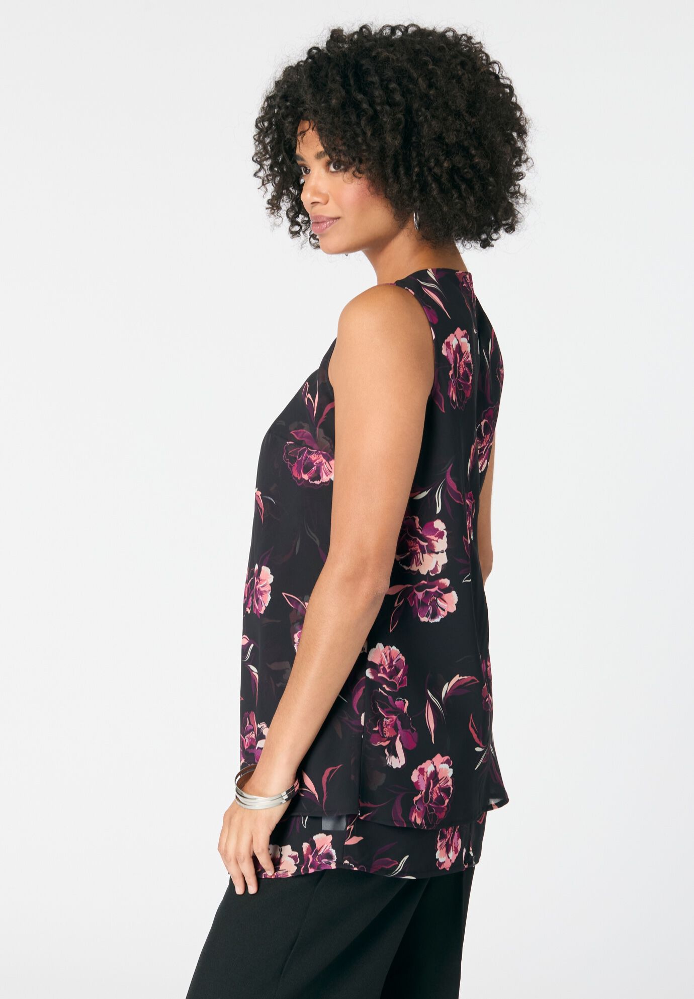 Double-Layer Georgette Tank Top, BLACK OPEN FLORAL, alternate image number 3