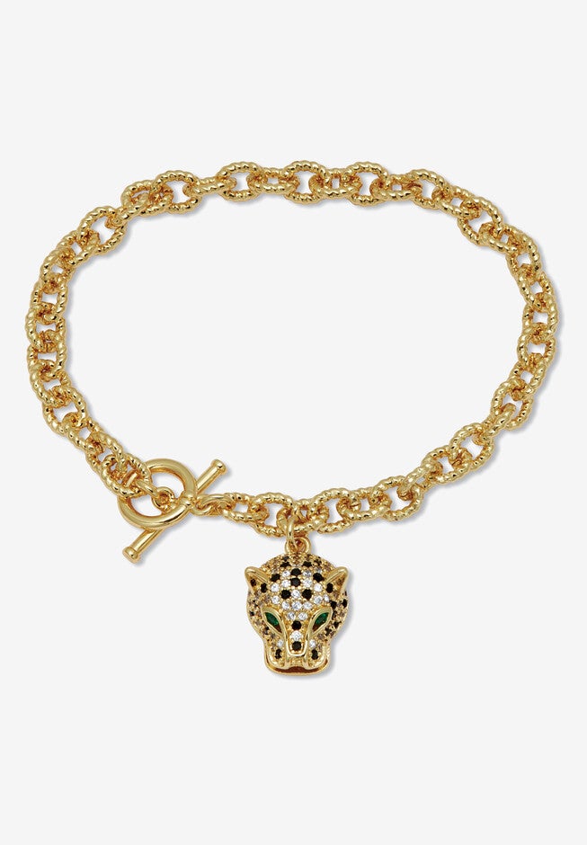 Marquise Cut Green Crystal Goldtone Charm Bracelet, 8 Inches, , alternate image number null