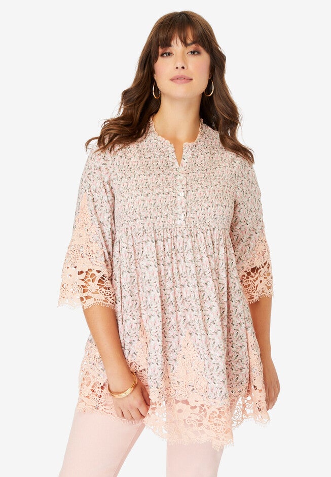 Embroidered Smocked Blouse, OATMEAL DITSY PAISLEY, hi-res image number 0