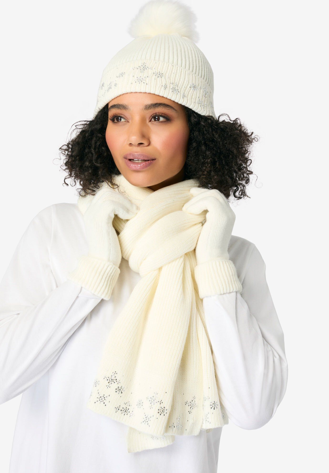 3 Piece Embellished Hat, Scarf And Gloves Set, WHITE, hi-res image number 0