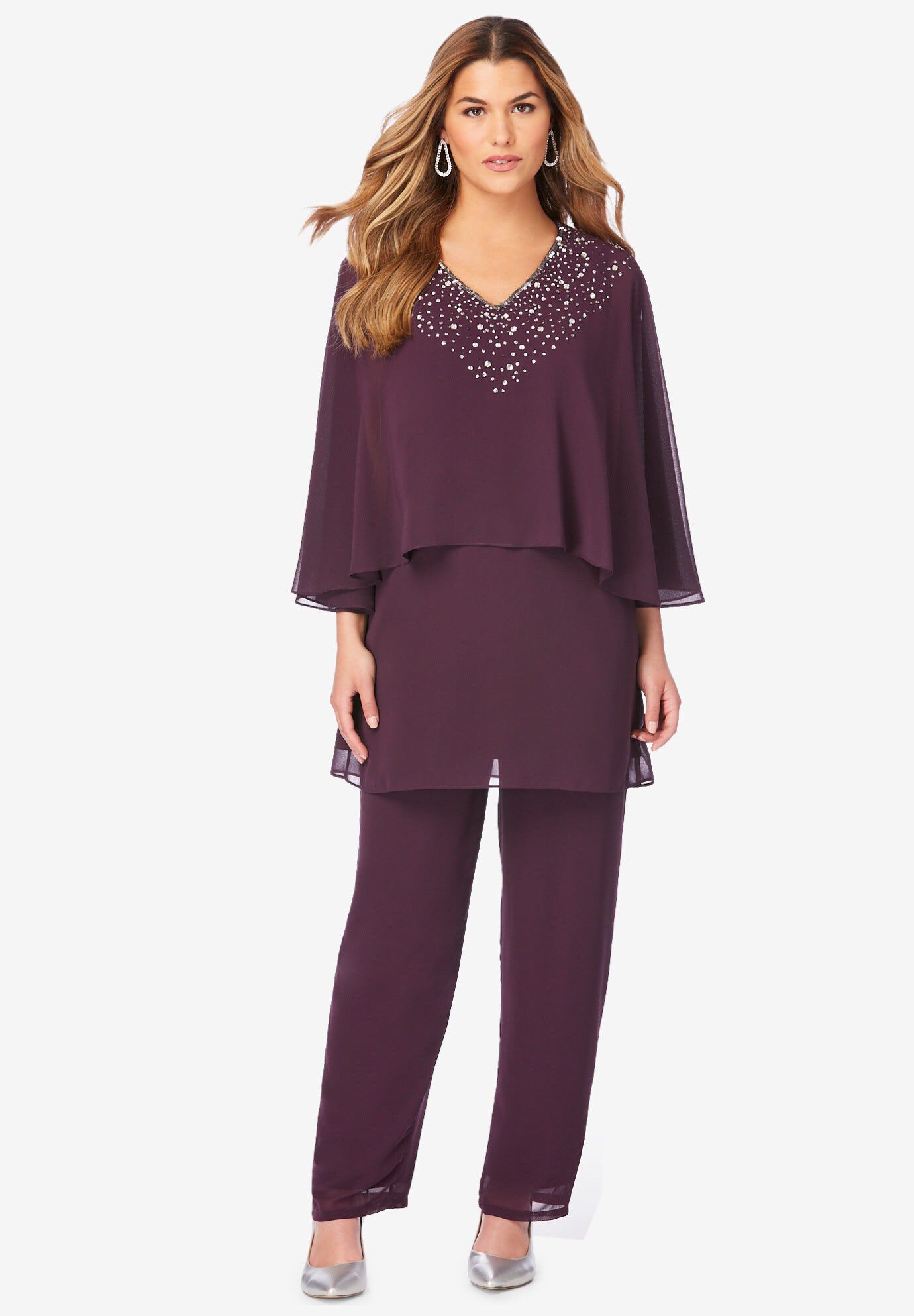 Embellished Capelet Pant Set, DARK BERRY, hi-res image number 0