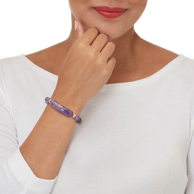 47.5 TCW Genuine Amethyst Silvertone Beaded Bracelet 7-inch Length, PURPLE, alternate image number null