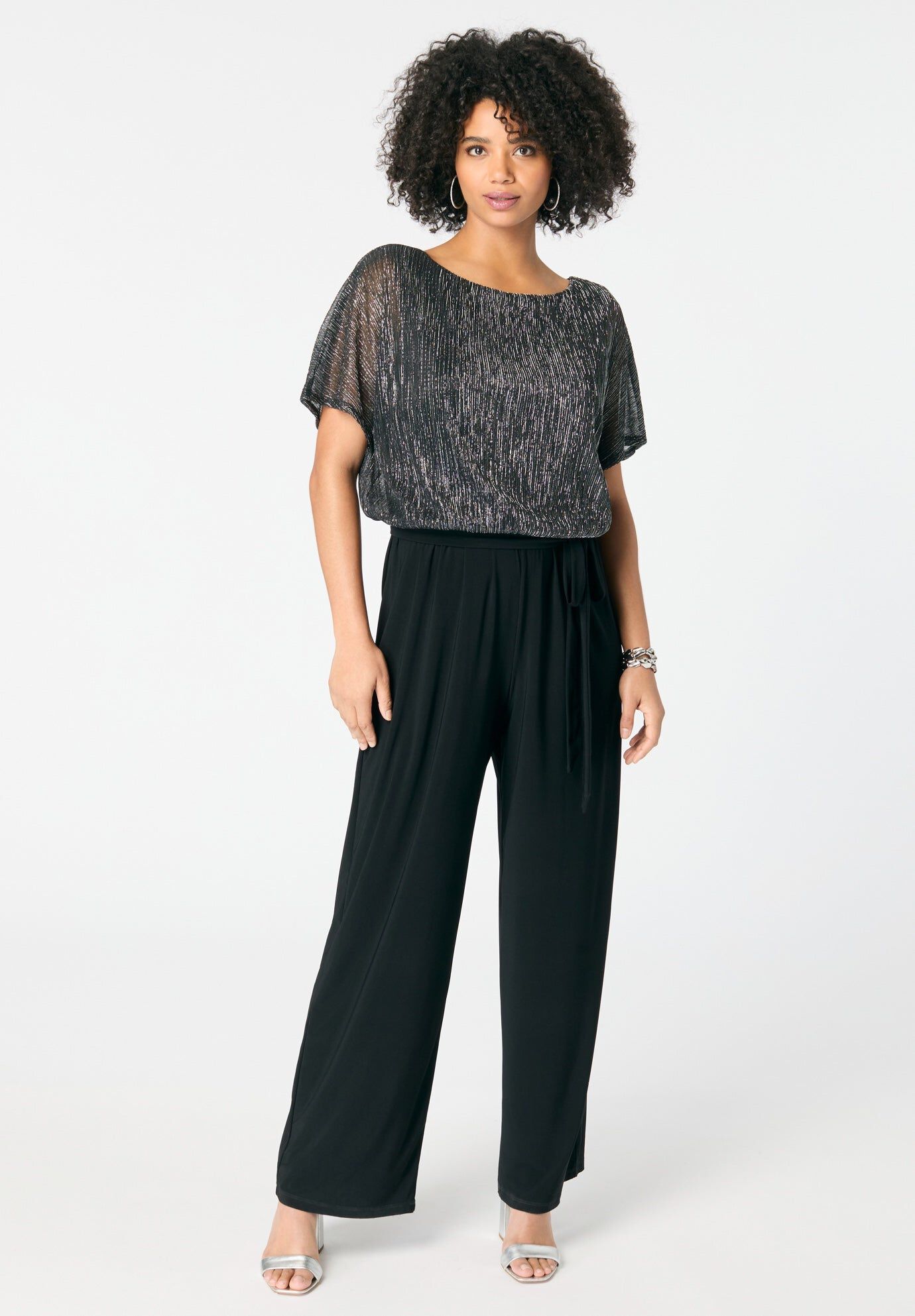 Plus-Size Short Sleeve Lurex Blouson Jumpsuit, BLACK, hi-res image number 0