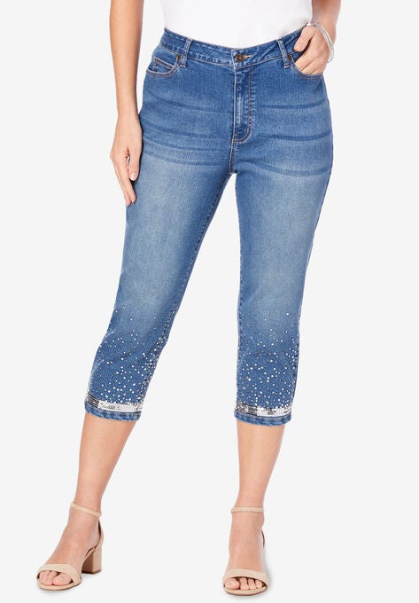 Sequin Trim Straight-Leg Capri Jean , MEDIUM SILVER SEQUIN, hi-res image number null