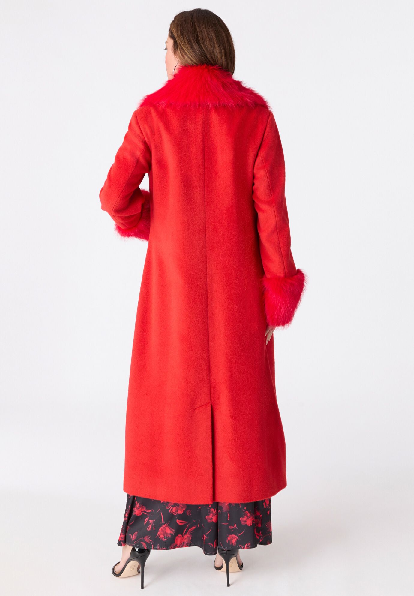 Plus Size Wool Blend Coat with Faux Fur Trim, VIVID RED, alternate image number 3