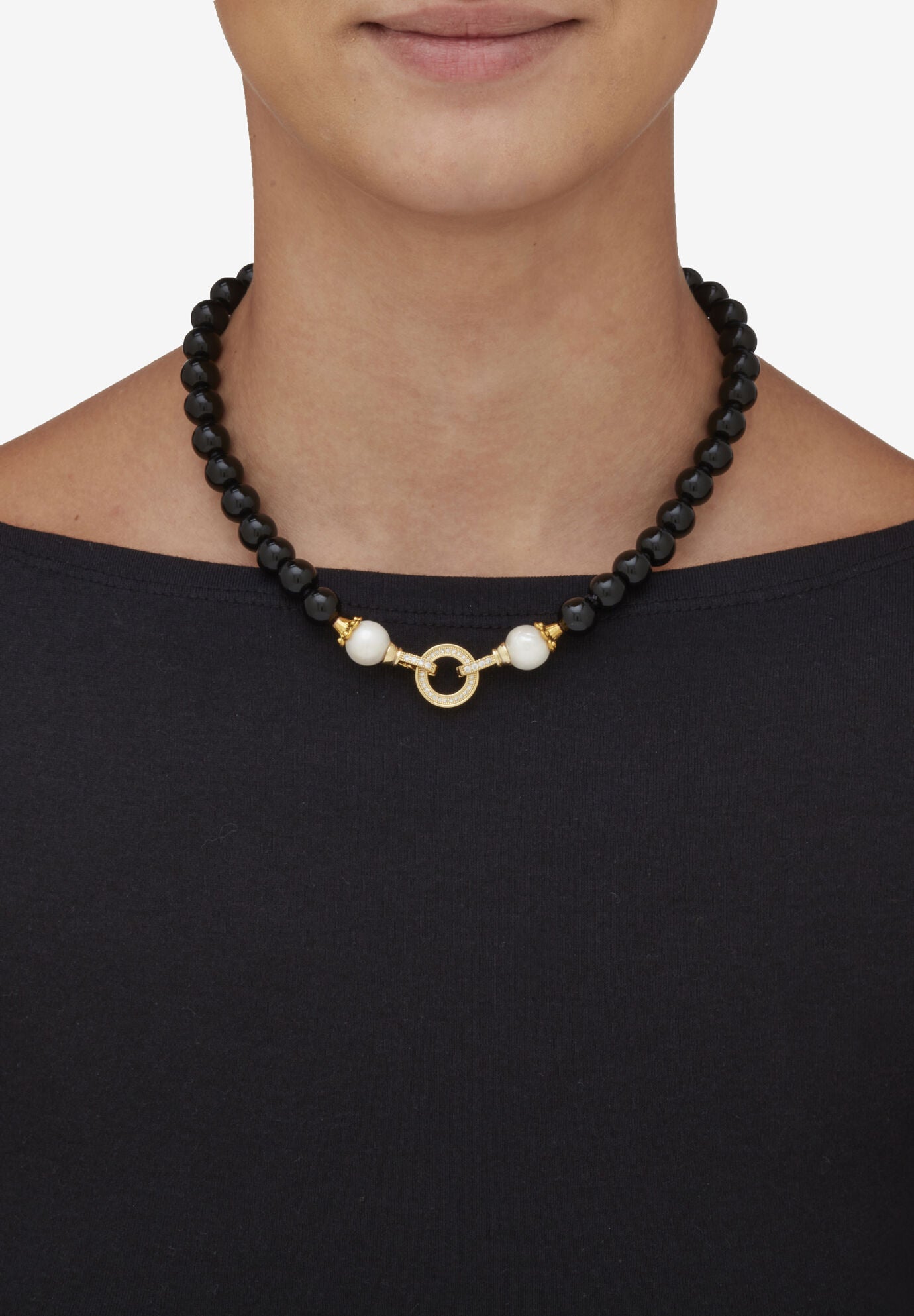 1.72 Cttw. Black Agate & Keshi Pearl Drop Beaded Necklace Gold-Plated 20 inches Length, , alternate image number 4