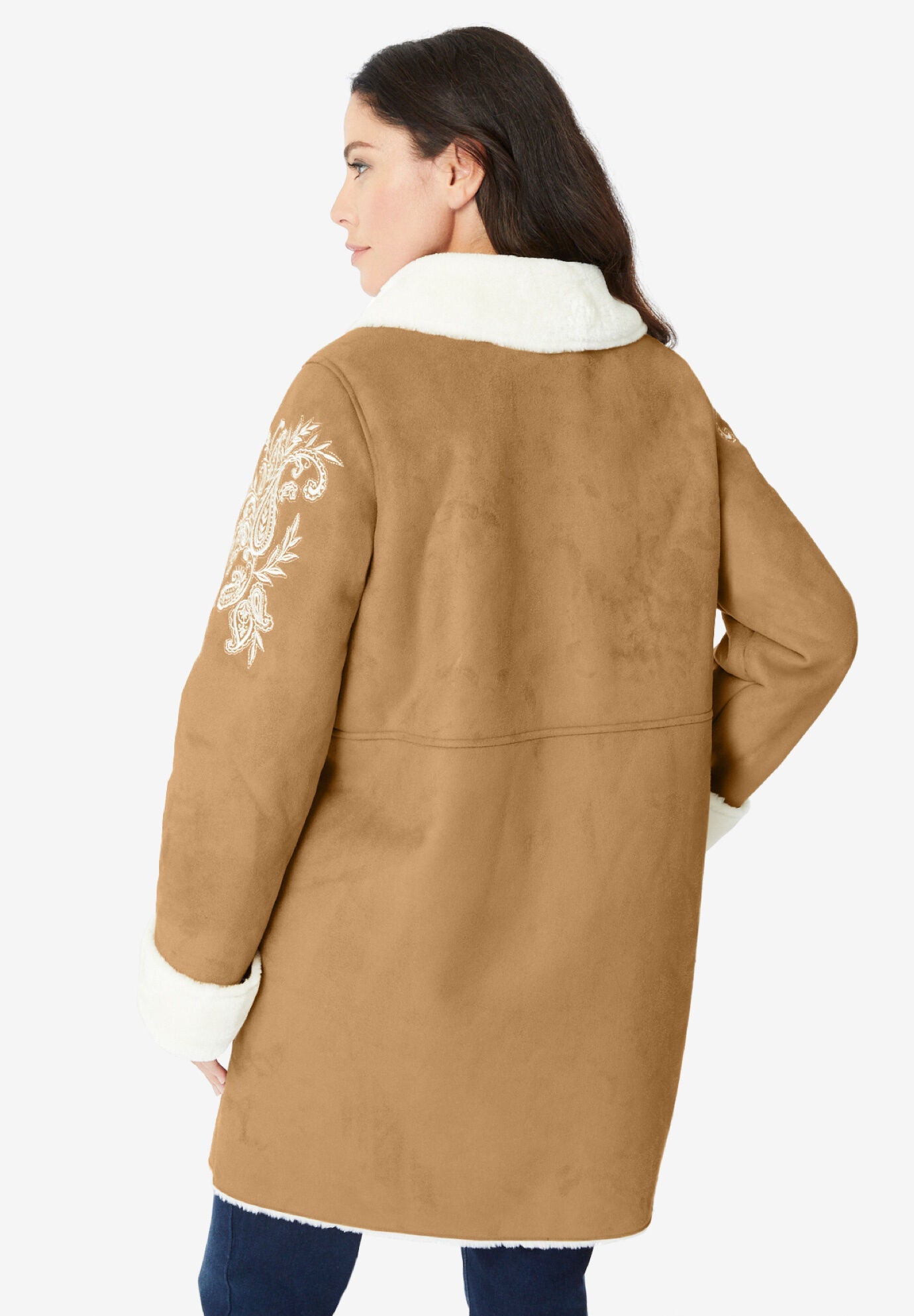 Embroidered Faux Shearling Coat., , on-hover image number 1