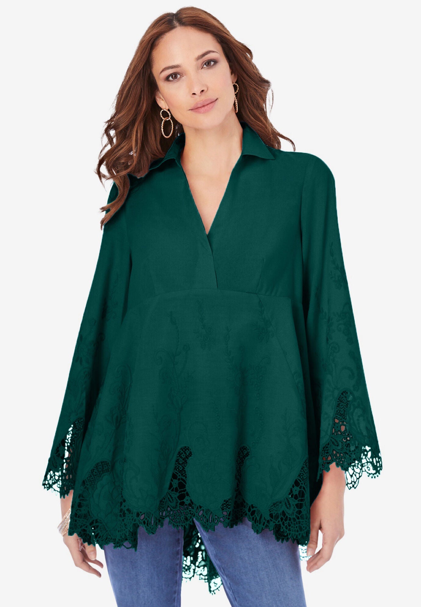 Poplin Embroidered Swing Tunic, EMERALD GREEN, on-hover image number 1