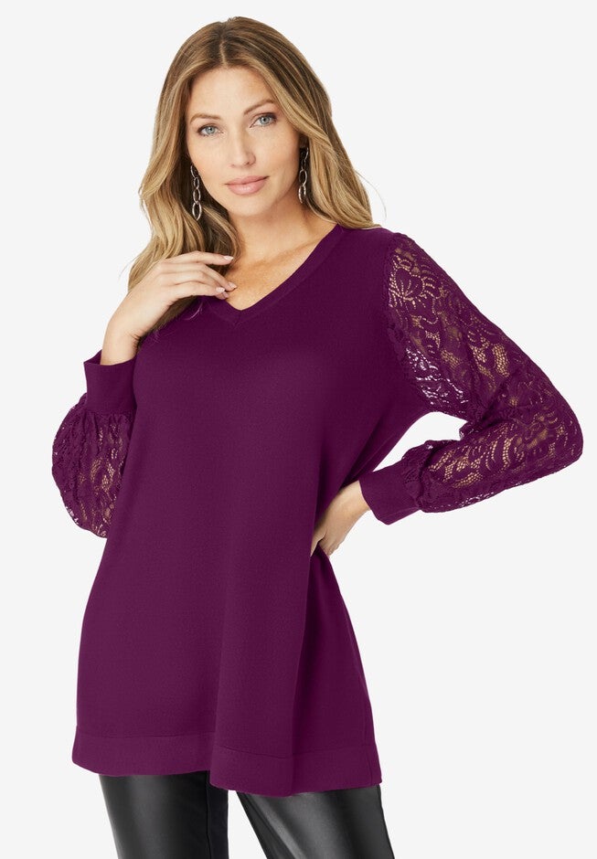 Lace Sleeve V Neck Sweater, DARK BERRY, hi-res image number null