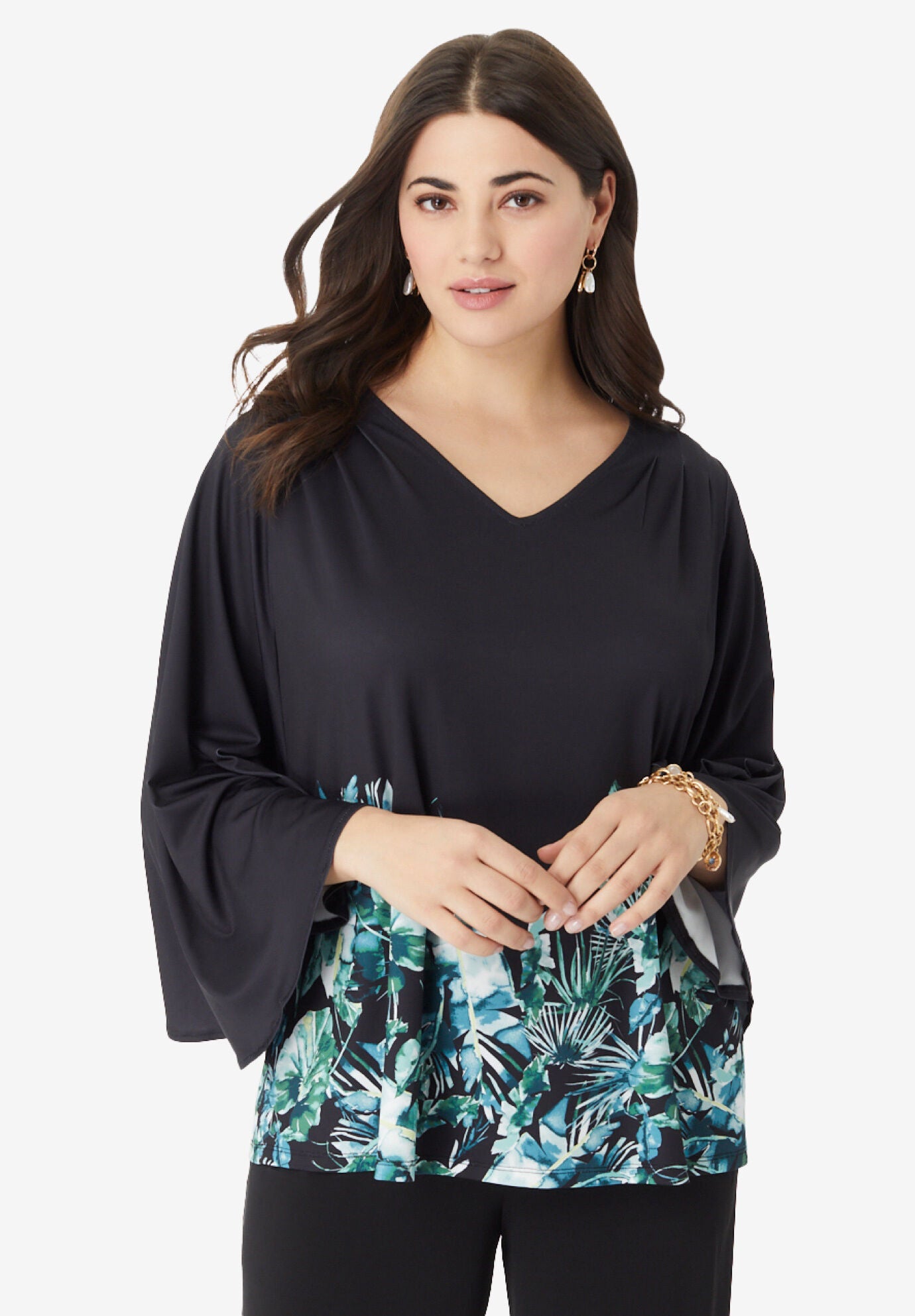 Flutter-Sleeve Ultrasmooth&reg; Fabric Top, TROPICAL LEAVES BORDER, hi-res image number 0