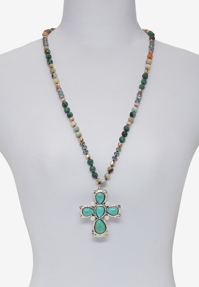 Genuine Jasper, Amazonite And Freshwater Pearl Silvertone Cross Necklace 32 Inch, , alternate image number null