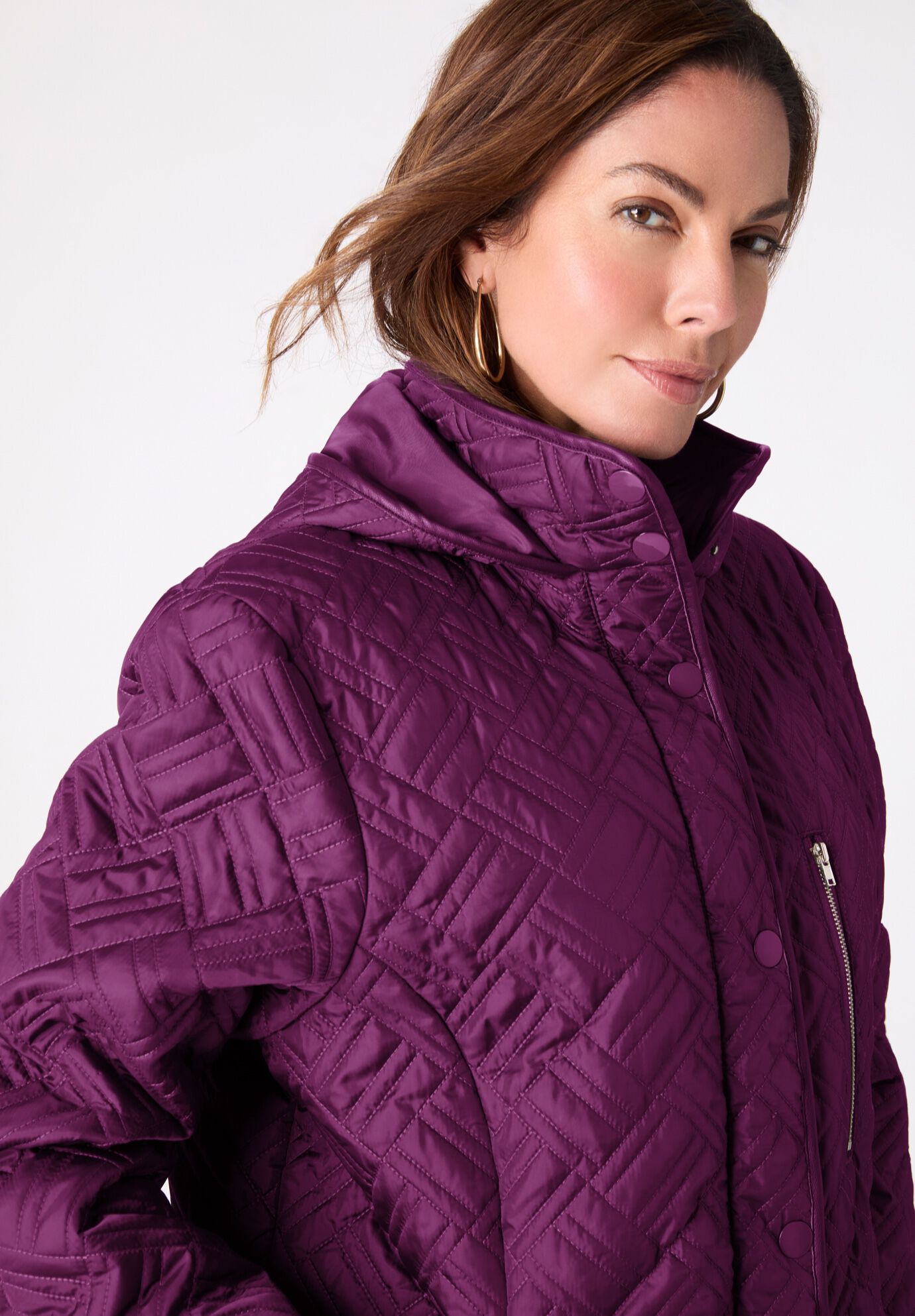 Plus Size Leather Trim Quilted Jacket, DARK BERRY, alternate image number 3