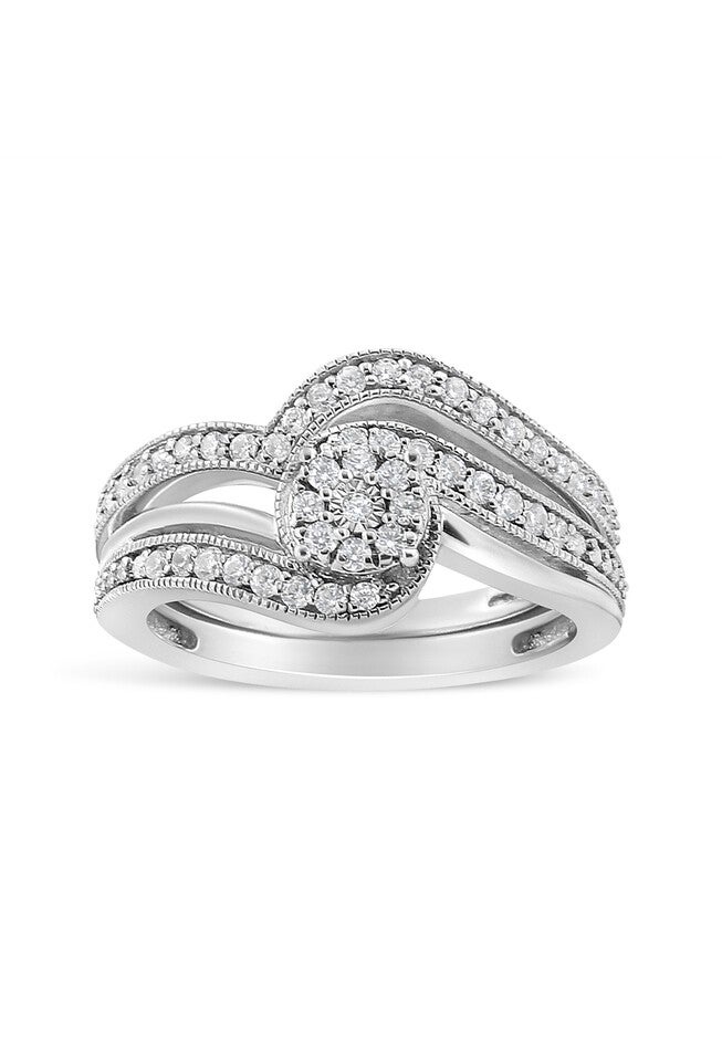 Silver 1/3Ct Cttw Multi-Diamond Bypass Vintage-Style Bridal Set, SILVER, hi-res image number 0