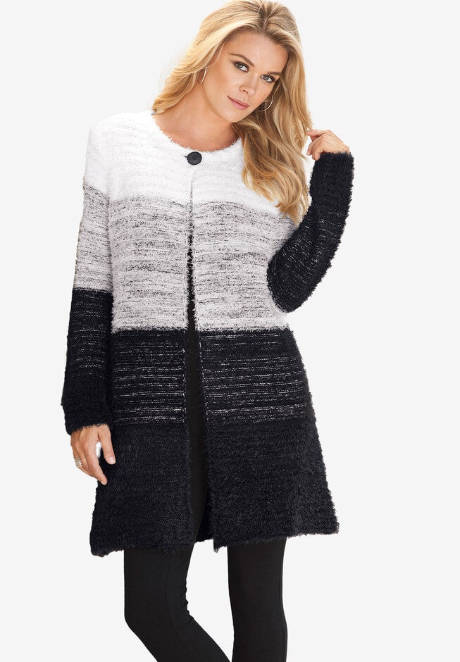 Ombre Eyelash Cardigan Sweater, WHITE GREY STRIPE, hi-res image number 0