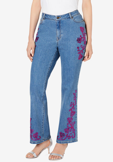 Sequin-Embellished Bootcut Jean, RASPBERRY SEQUIN LOTUS, hi-res image number null