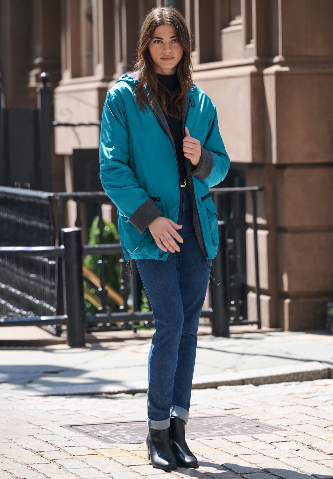 Plus Size Hooded Nylon Jacket, DEEP TEAL, on-hover image number 1