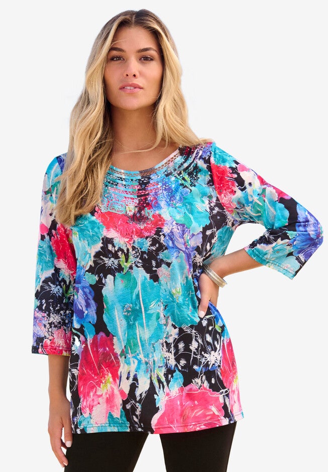 Embroidered Print Tee, PAINTED FLORAL PRINT, hi-res image number null