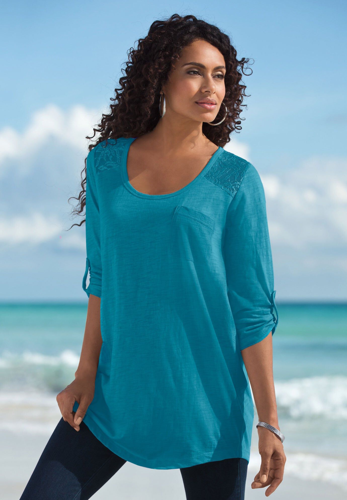 Textured Lace Trimmed Tunic, DEEP TEAL, hi-res image number 0