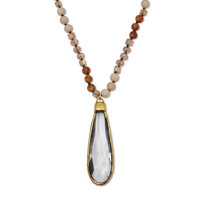 Crystal Pendant and Genuine Jasper and White Agate Goldtone Necklace 32-inch, WHITE, hi-res image number null