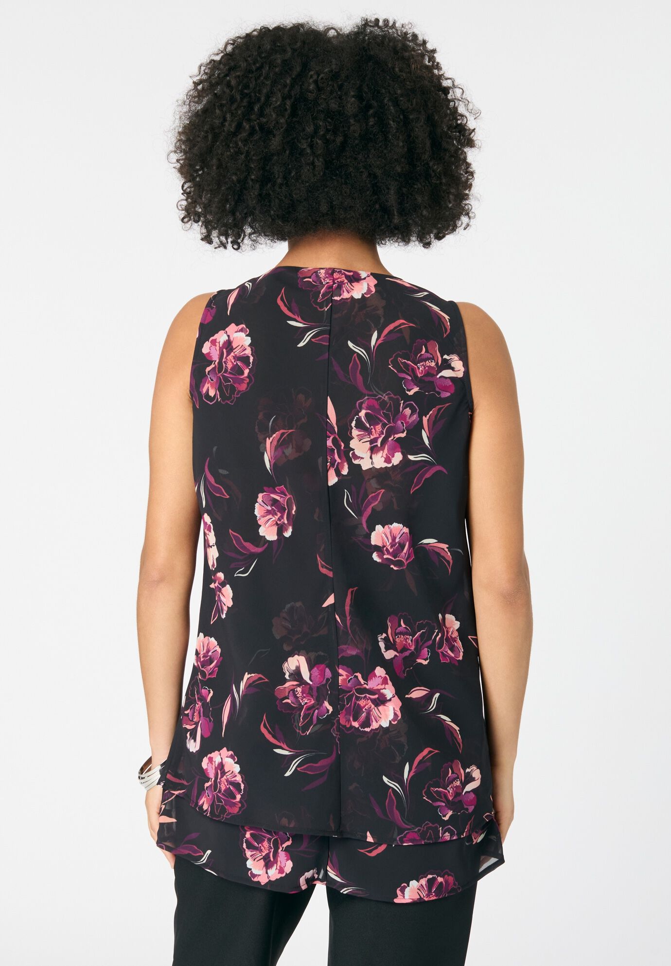 Double-Layer Georgette Tank Top, BLACK OPEN FLORAL, alternate image number 2