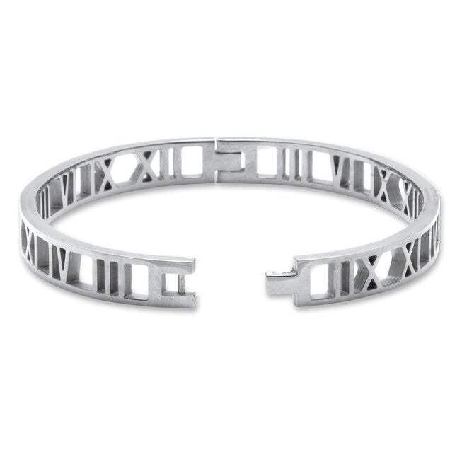Roman Numeral Stainless Steel Bangle Bracelet, SILVER, on-hover image number 1