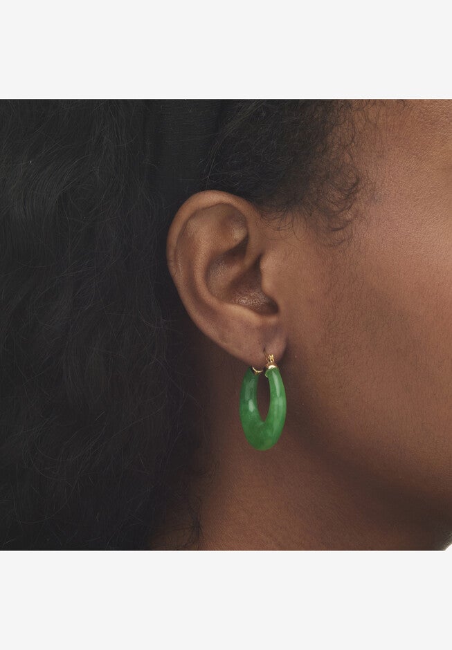 Goldtone Over Sterling Silver Genuine Green Jade Hoop Earrings (31Mm) Jewelry, , alternate image number 3