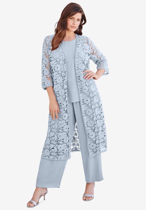 Three-Piece Lace Duster & Pant Suit | OneStopPlus