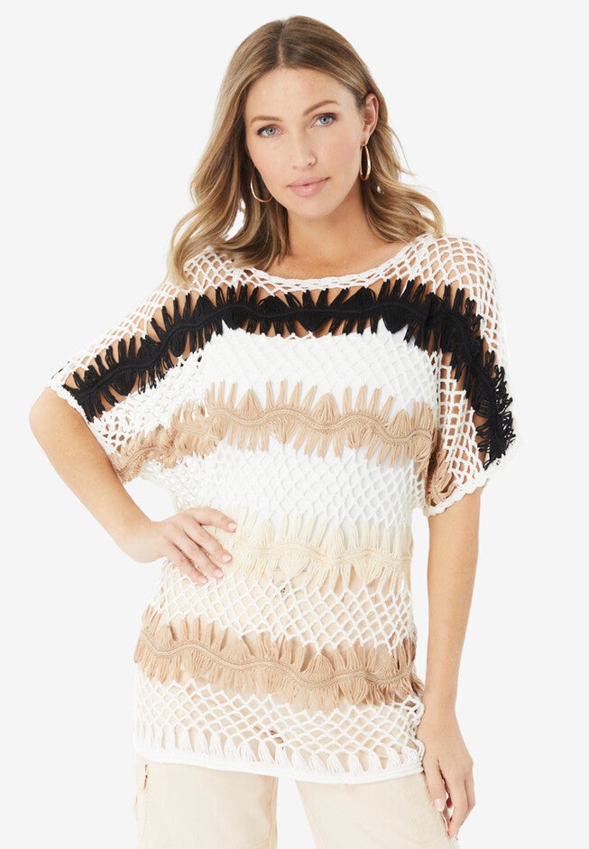 Multi Crochet Pullover, BLACK AND WHITE COMBO, hi-res image number 0