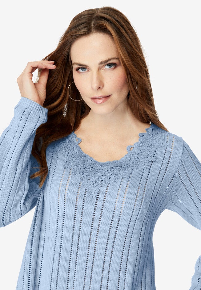 Lace Trim Pointelle Sweater, , alternate image number 3