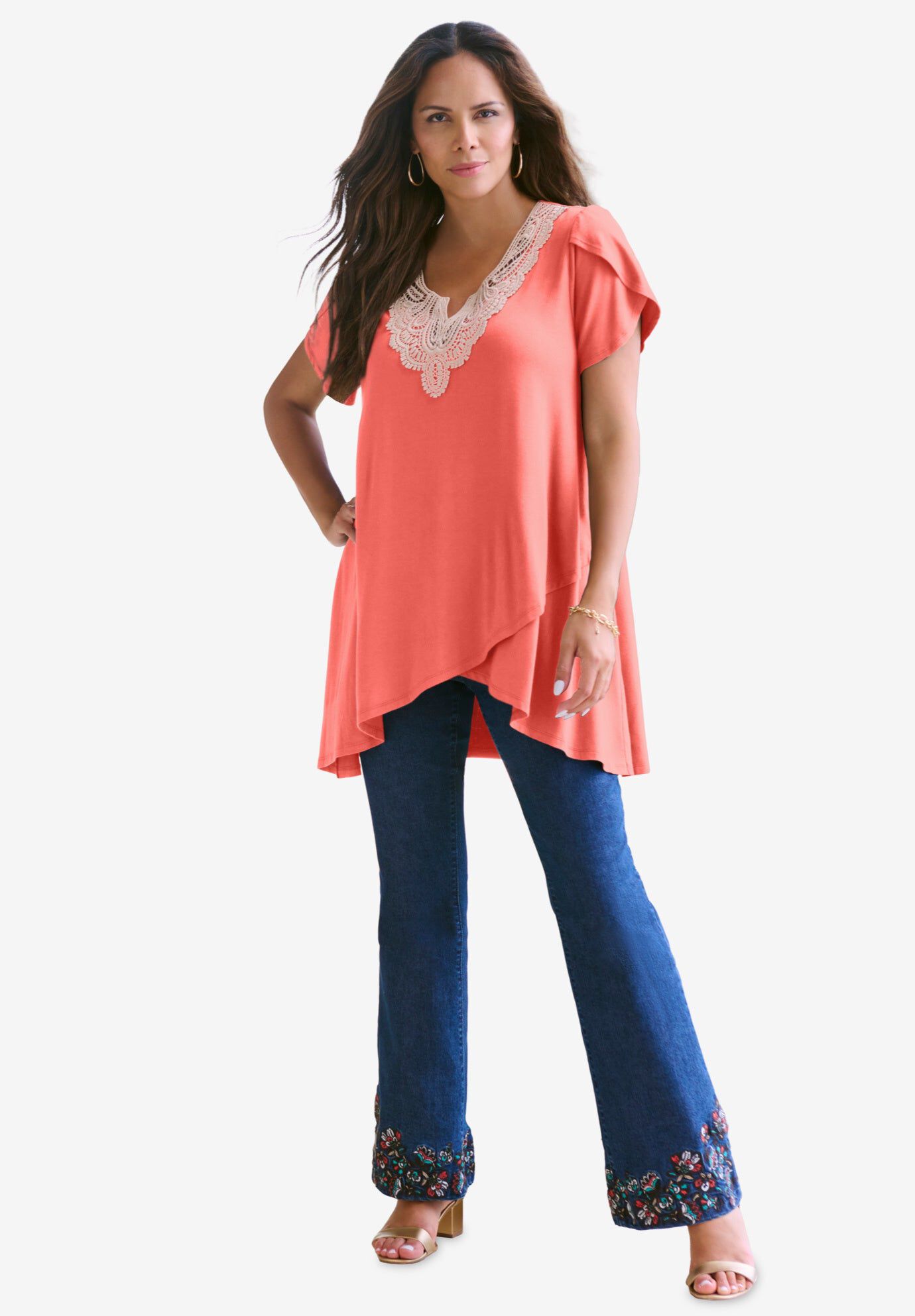 Lace Tulip Hem Tunic, SUNSET CORAL, hi-res image number 0