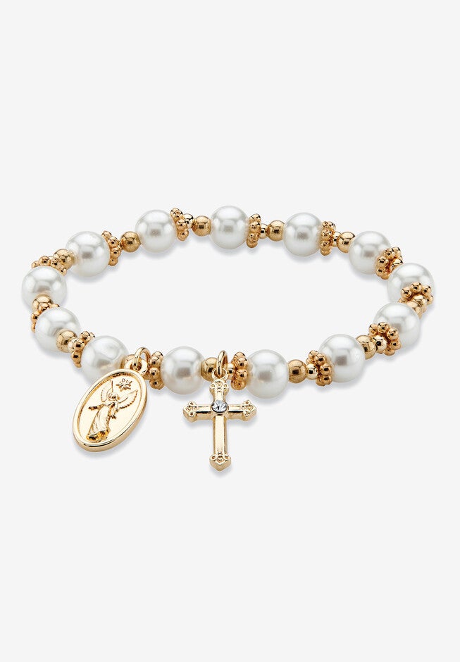 Round Simulated Pearl And Beaded Religious Stretch Bracelet In Goldtone 7 inches Jewelry, PEARL, hi-res image number 0