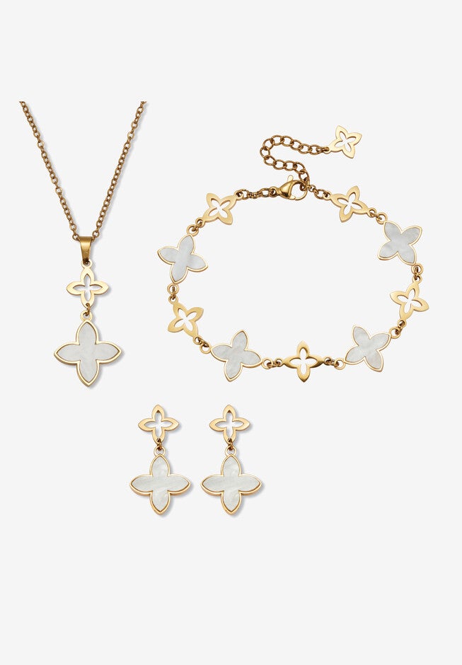 Genuine Mother Of Pearl Gold Ion-Plated Stainless Steel Clover Jewelry Set, PEARL, hi-res image number 0
