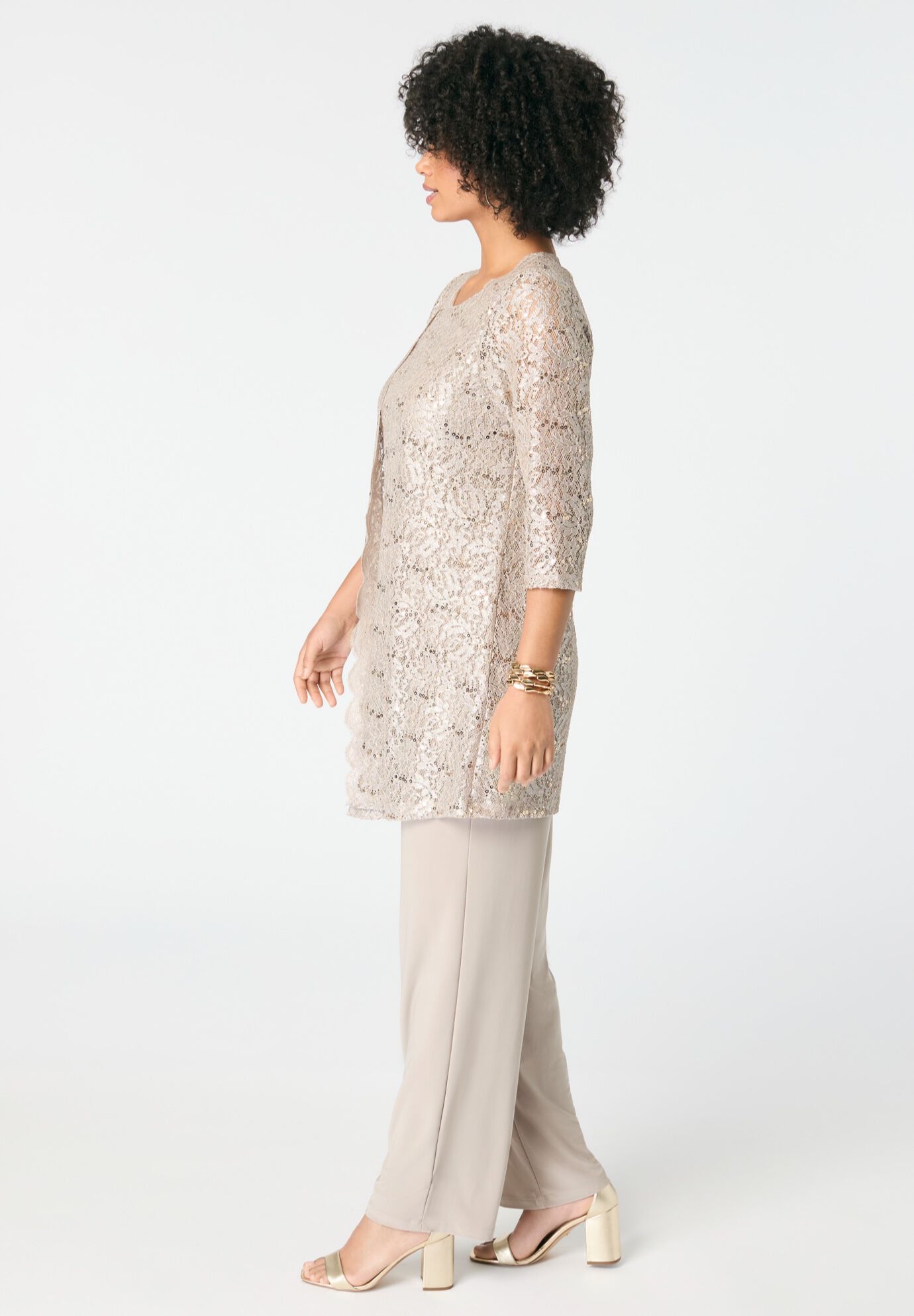 Plus-Size 3 Piece 3/4 Sleeve Foil Lace Duster Pant Set, SPARKLING CHAMPAGNE, alternate image number 3